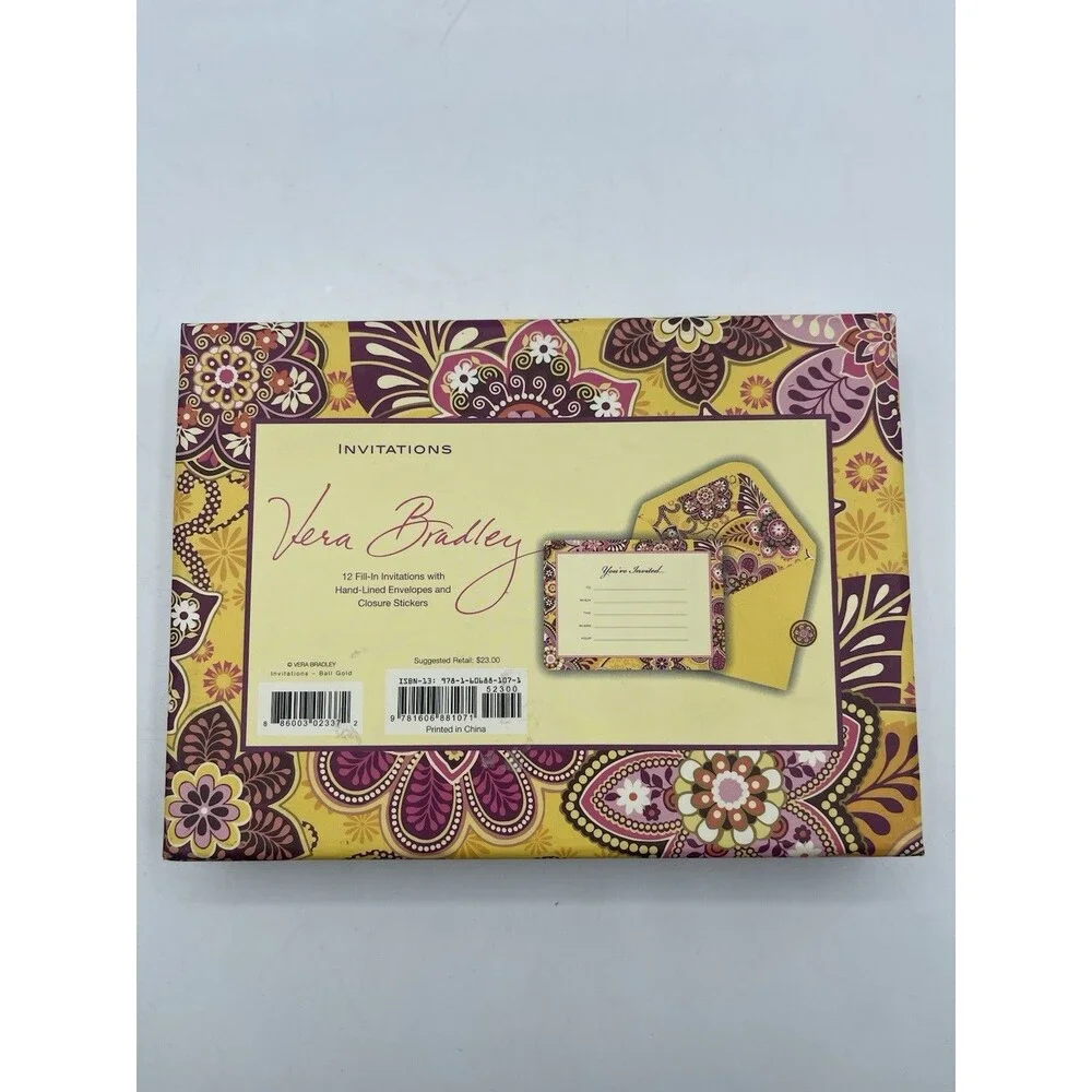 Vera Bradley 12 Fill-In Invitations w/ Envelopes & Closure Stickers - Bali Gold